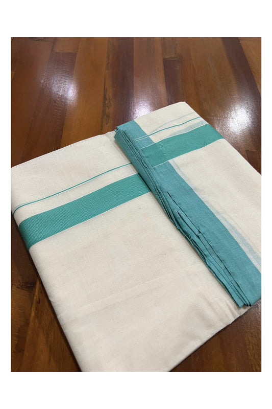 Off White Pure Cotton Double Mundu with Turquoise Kara (South Indian Dhoti)