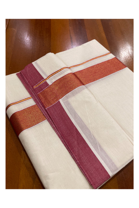 Off White Kerala Double Mundu with Kasavu and Dark Red Line Border (South Indian Dhoti)