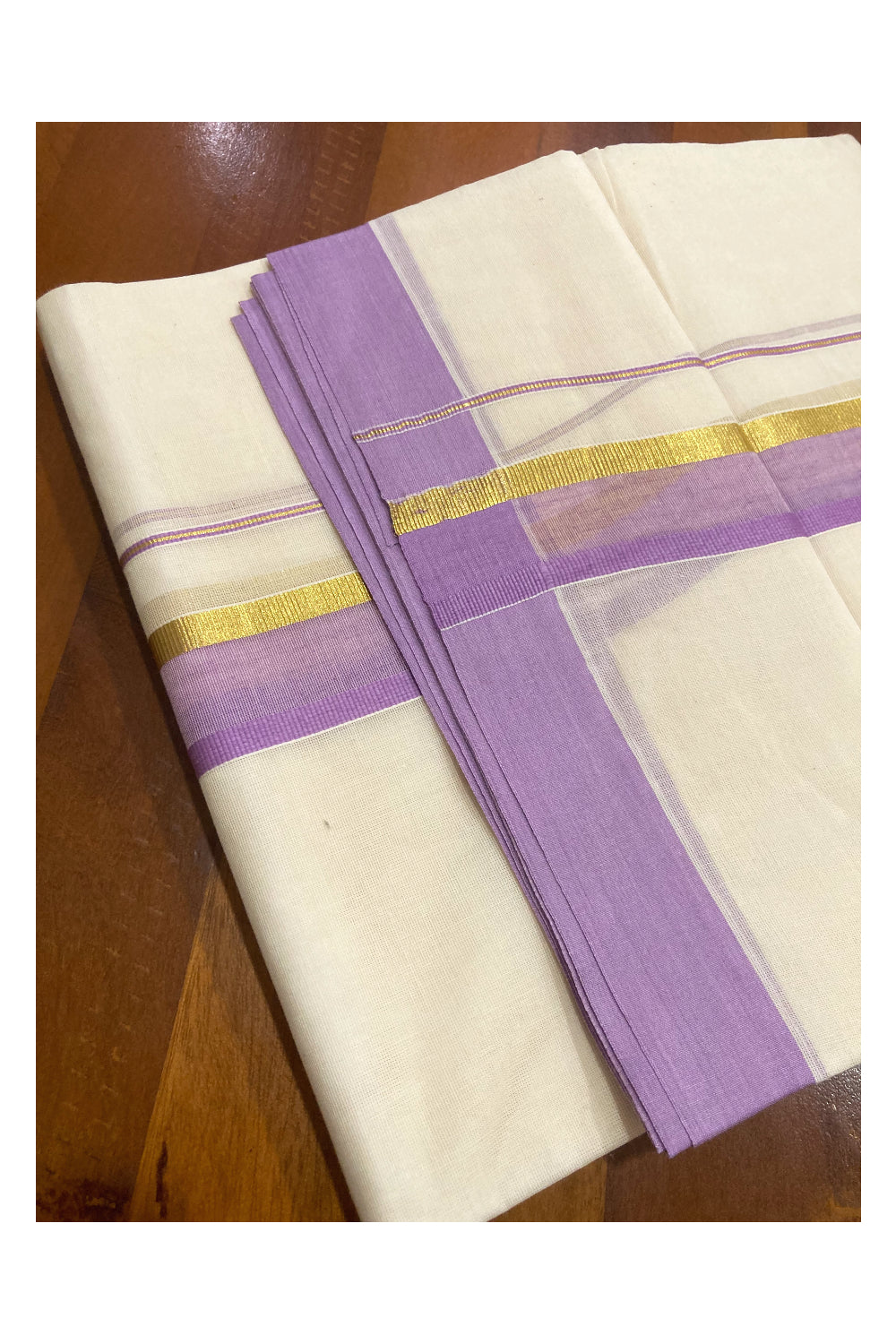 Pure Cotton Off White Double Mundu with Violet and Kasavu Border (South Indian Dhoti)