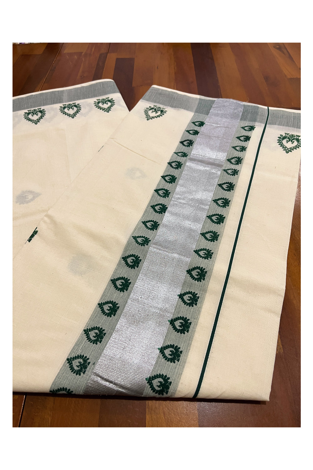 Pure Cotton Kerala Saree with Green Peacock Block Prints on Silver Kasavu Border (Vishu Saree 2023)