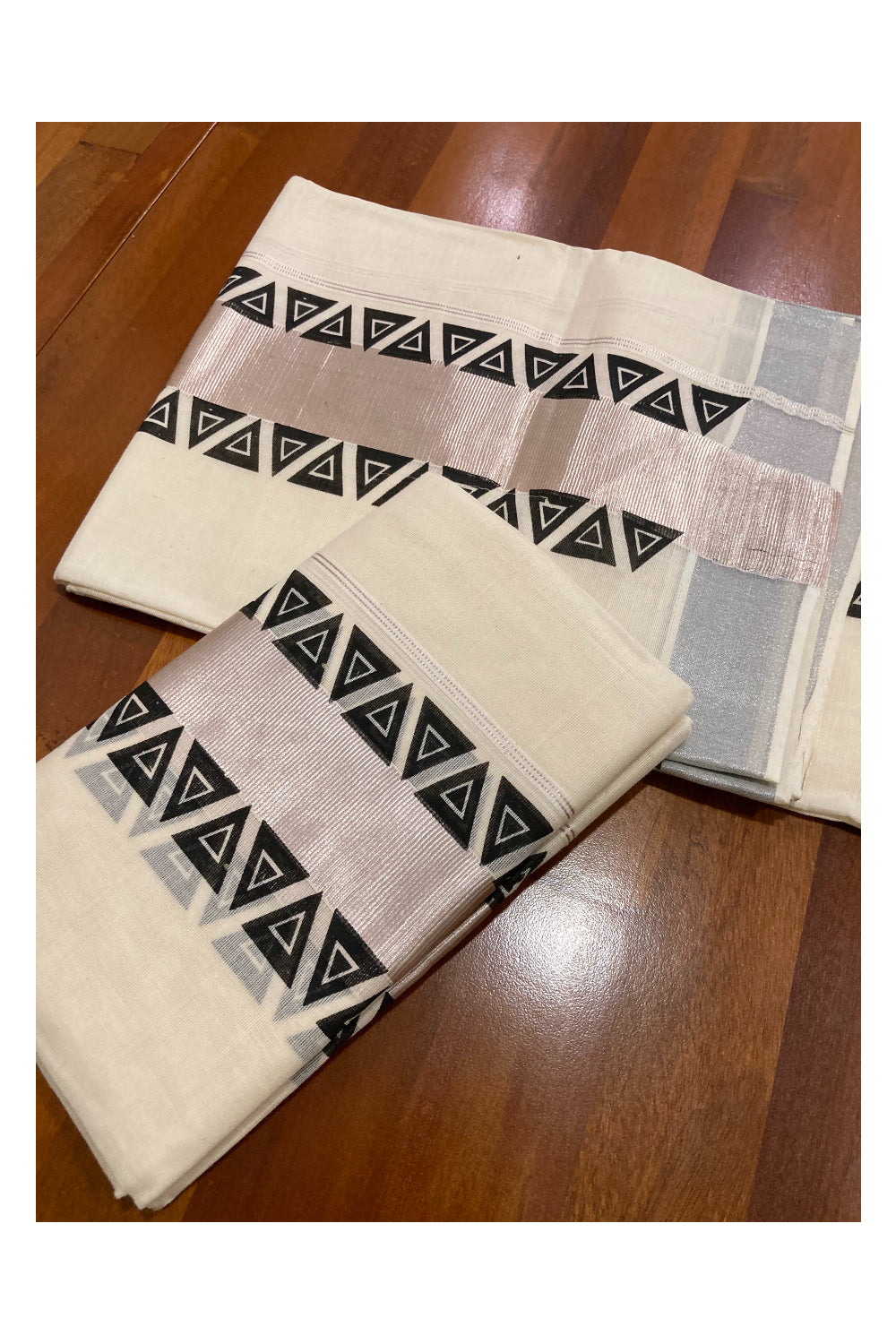 Kerala Cotton Silver Kasavu Set Mundu (Mundum Neriyathum) with Black Block Prints on Border