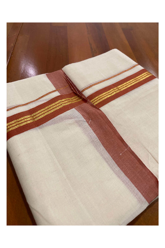 Off White Cotton Mundu with Brick Red and Kasavu Border (South Indian Dhoti)