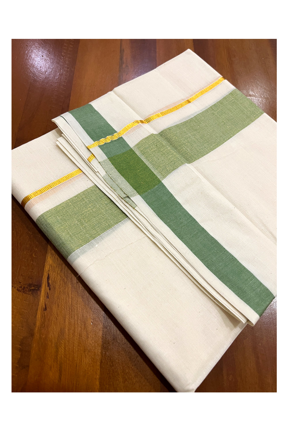 Pure Cotton Double Mundu with Kasavu Green Kara (South Indian Dhoti)