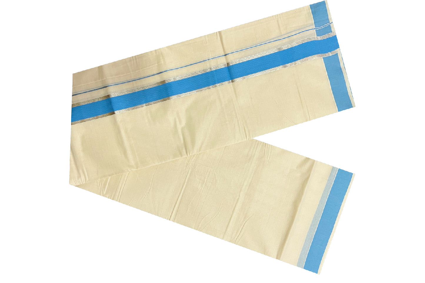 Off White Kerala Double Mundu with Silver Kasavu and Light Blue Border (South Indian Dhoti)