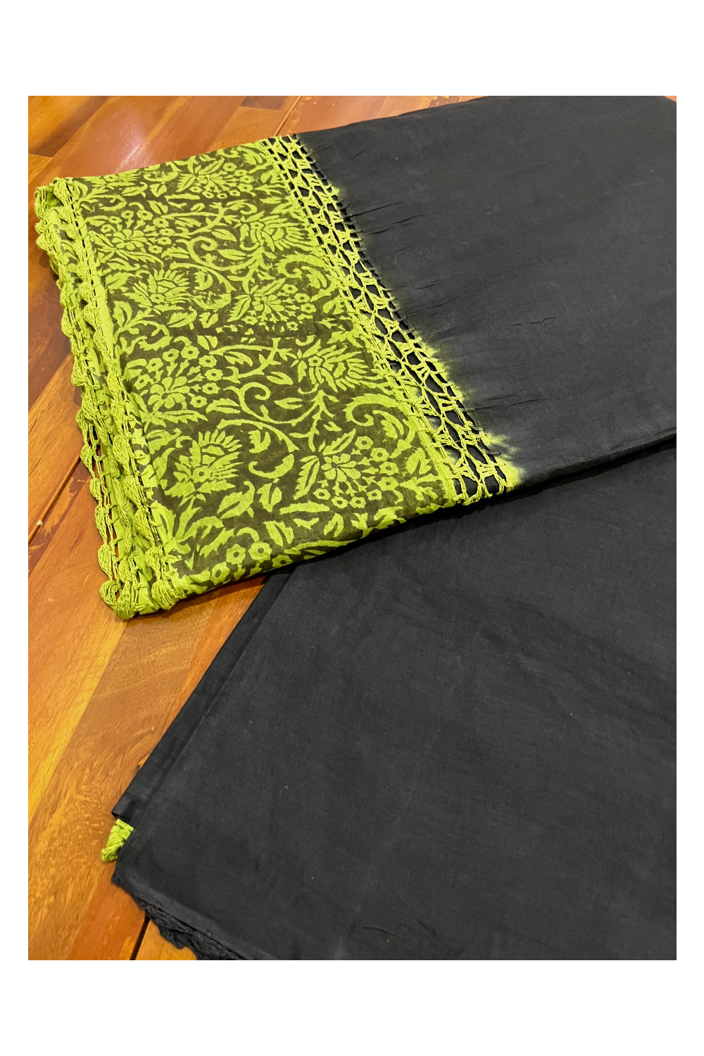 Southloom Pure Cotton Black Saree with Designer Green Crochet works on Border