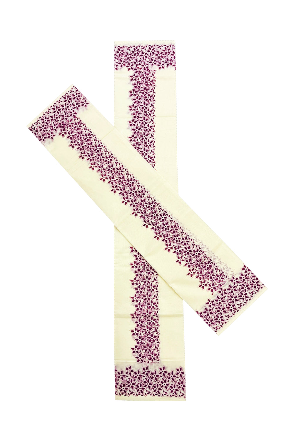 Kerala Cotton Set Mundu (Mundum Neriyathum) with Magenta Floral Block Printed Border