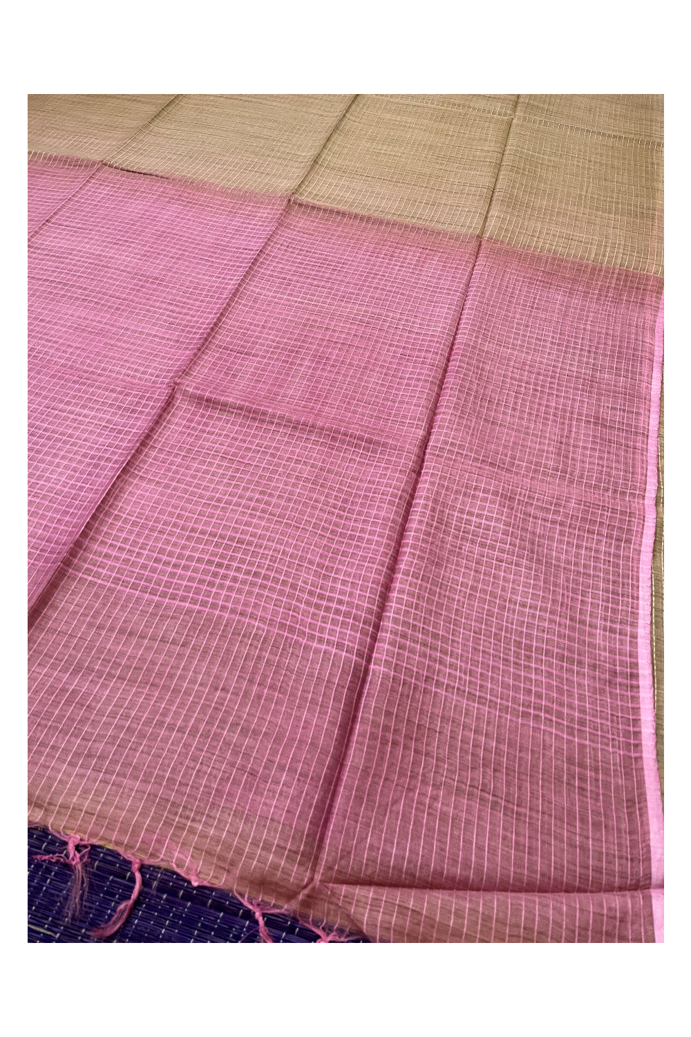 Southloom Cotton Check Design Light Brown Saree with PInk Pallu