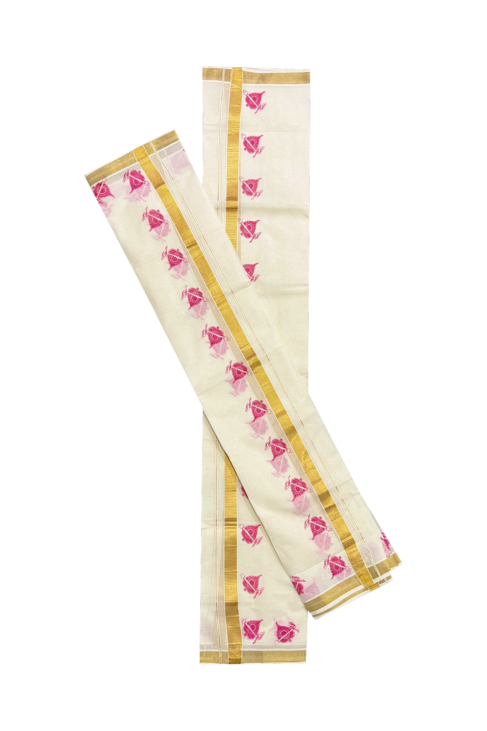Kerala Cotton Kasavu Set Mundu (Mundum Neriyathum) with Pink Block Prints