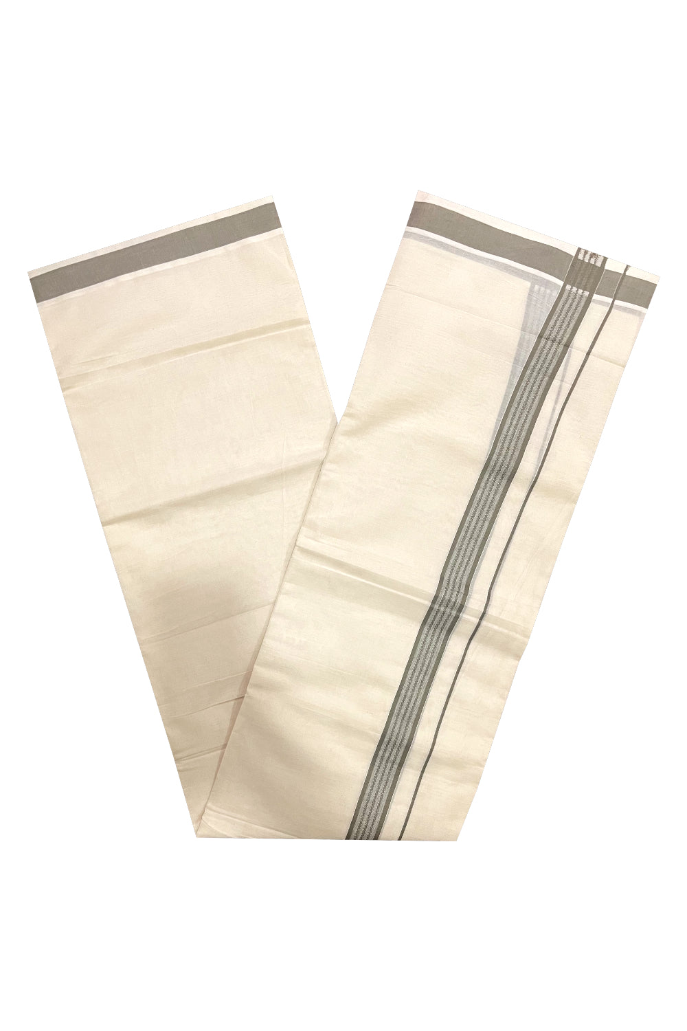 Pure Cotton Off White Double Mundu with Grey Border (South Indian Dhoti)