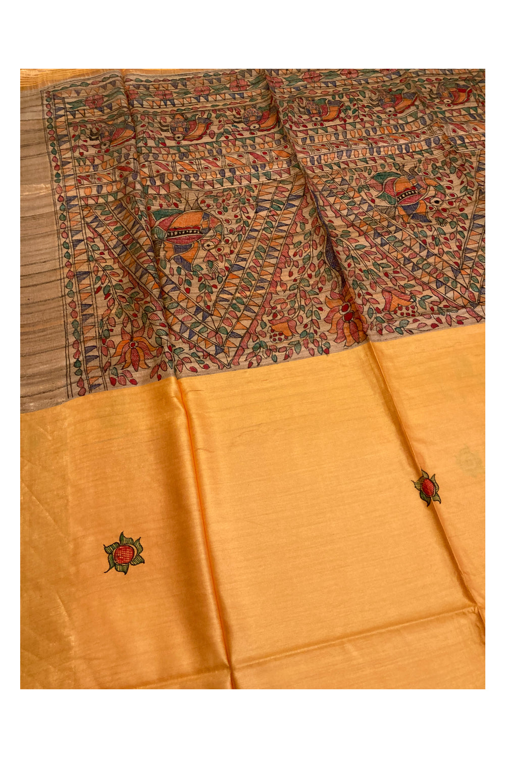 Southloom Soft Silk Orange Saree with Multi-Coloured Art Works on Pallu