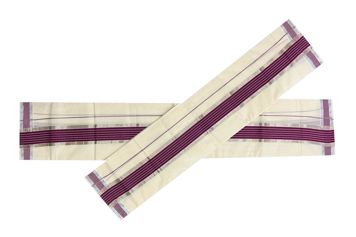 Kerala Cotton Mundum Neriyathum Single (Set Mundu) with Purple and Silver Kasavu Border