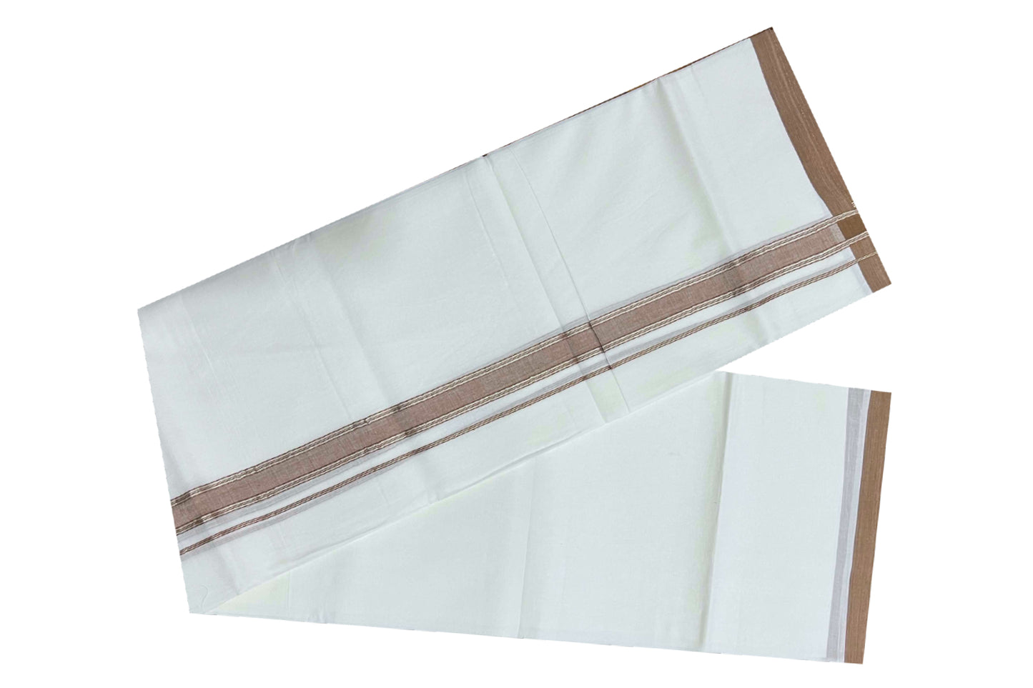 Pure White Cotton Mundu with Brown and Silver Kara (South Indian Dhoti)