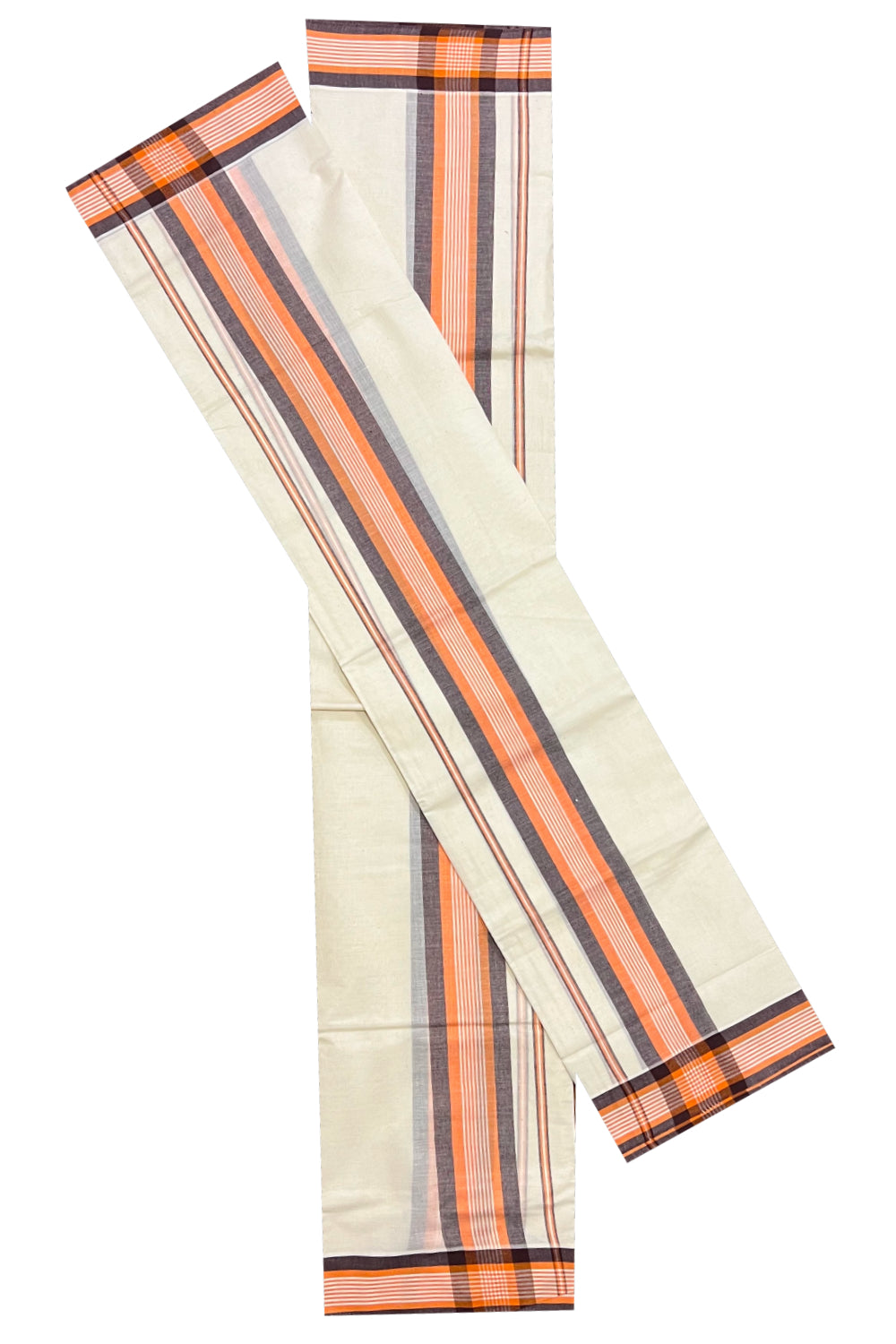 Kerala Cotton Mundum Neriyathum Single (Set Mundu) with Brown and Orange Mulloth Border (Extra Soft Cotton)