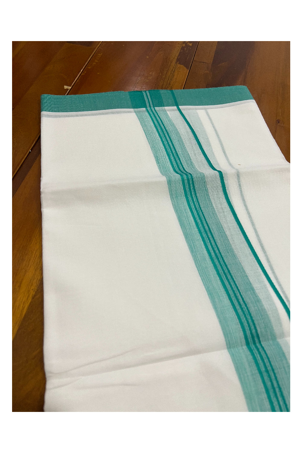 Pure White Kerala Cotton Double Mundu with Green Border (South Indian Dhoti)