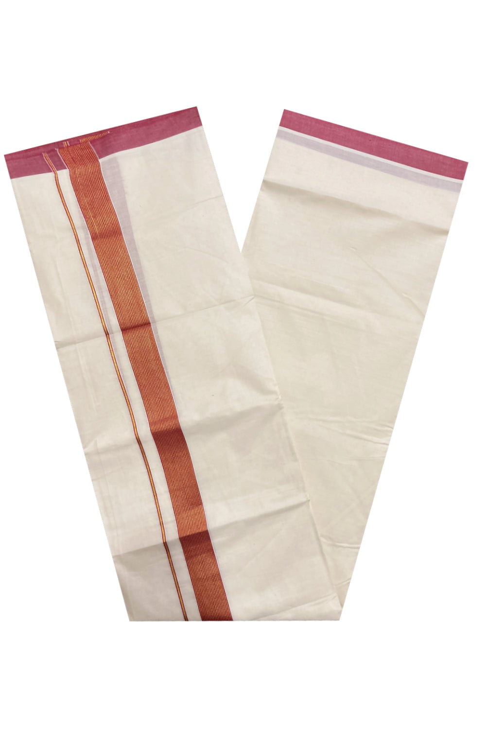 Off White Kerala Double Mundu with Kasavu and Dark Red Line Border (South Indian Dhoti)
