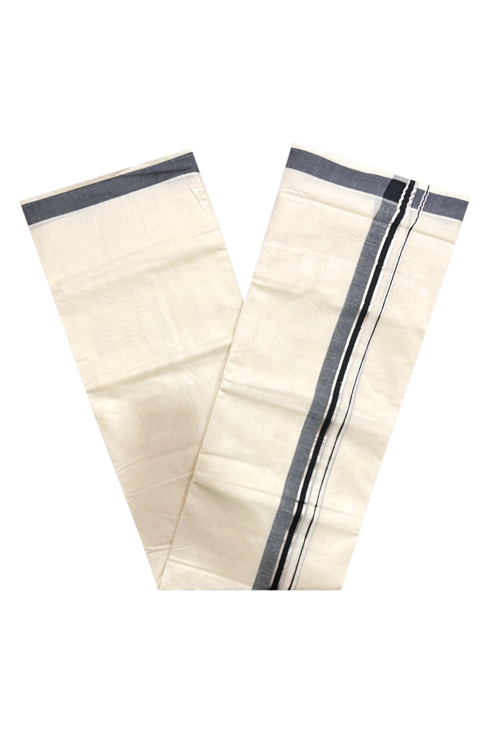 Pure Cotton Double Mundu with Black and Silver Kasavu Kara (South Indian Dhoti)