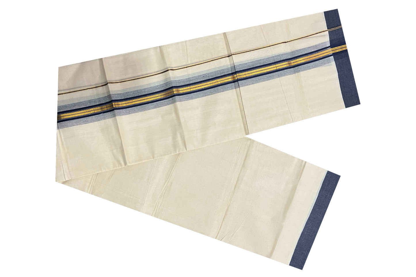 Off White Kerala Double Mundu with Kasavu and Navy Blue Border (South Indian Dhoti)