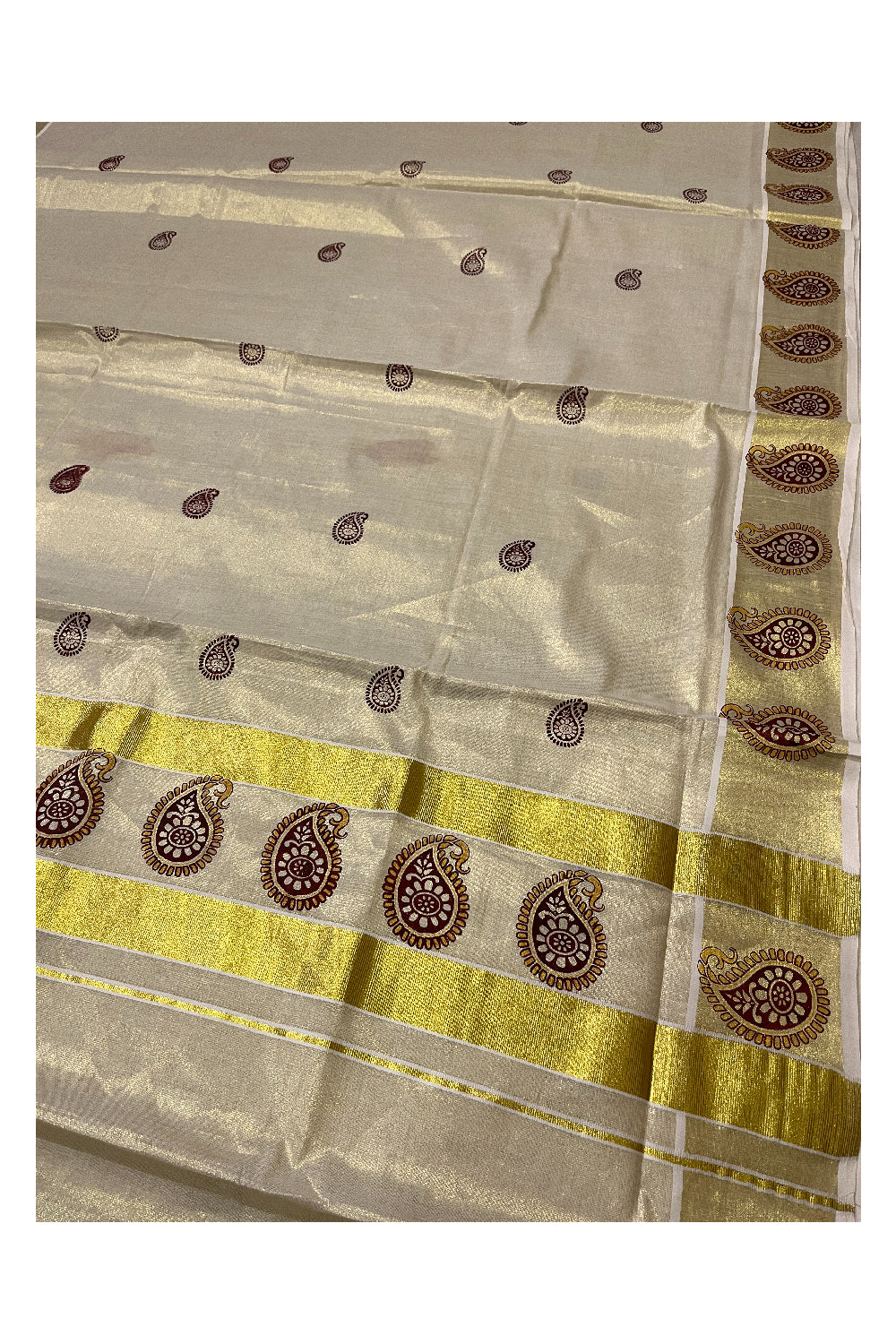 Kerala Tissue Kasavu Maroon Paisley Block Printed Design Saree