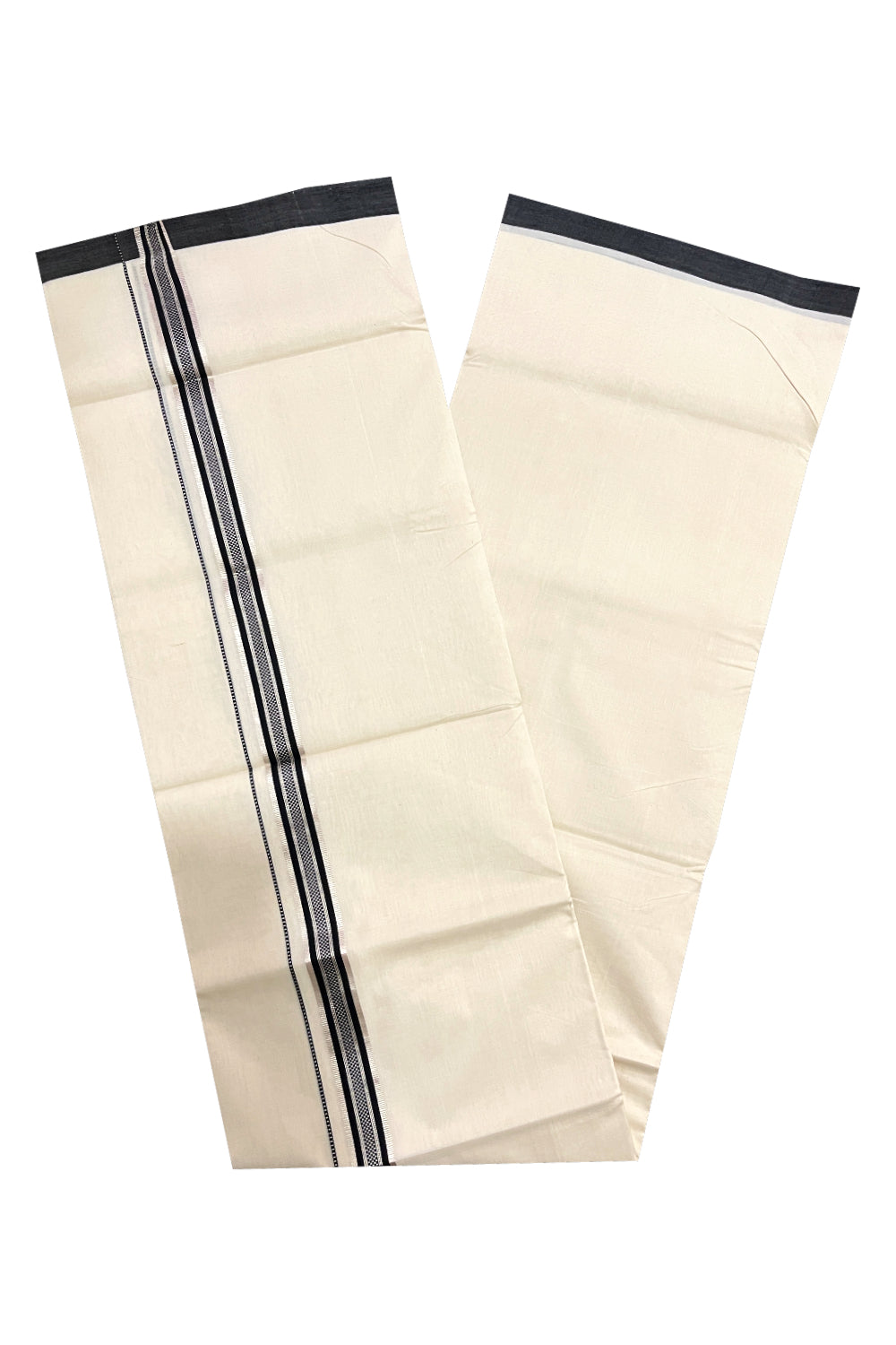 Southloom Premium Unakkupaavu Handloom Mundu with Silver Kasavu and Black Border (South Indian Dhoti)