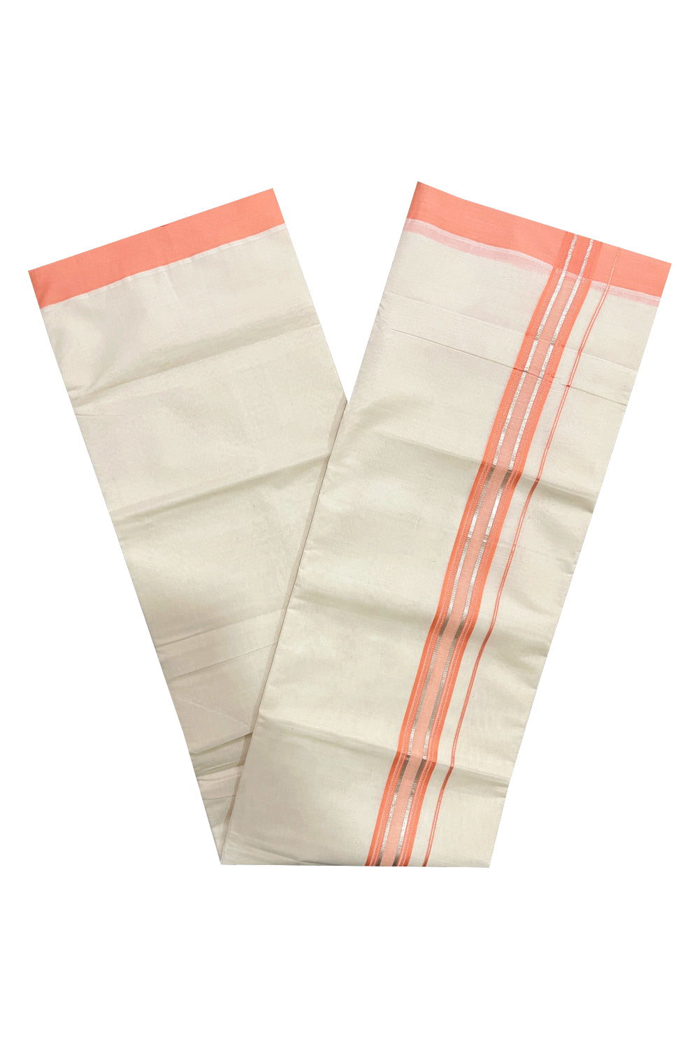 Pure Cotton Off White Double Mundu with Peach and Silver Kara (South Indian Kerala Dhoti)