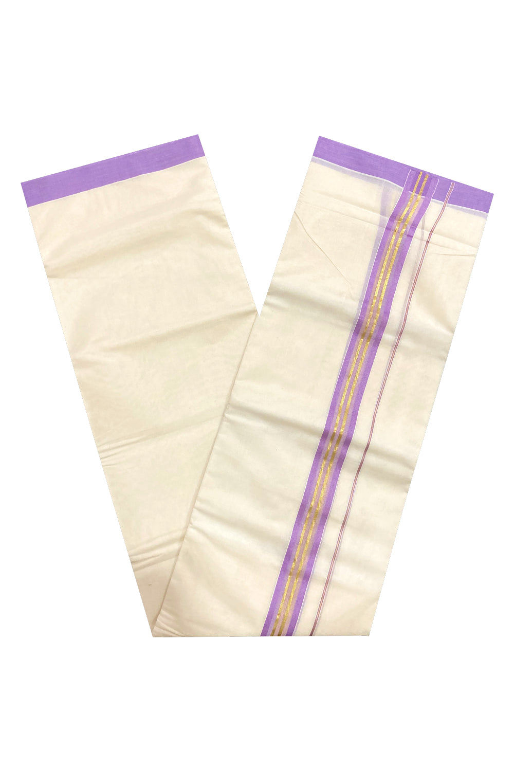 Pure Cotton Off White Double Mundu with Violet and Kasavu Border (South Indian Dhoti)