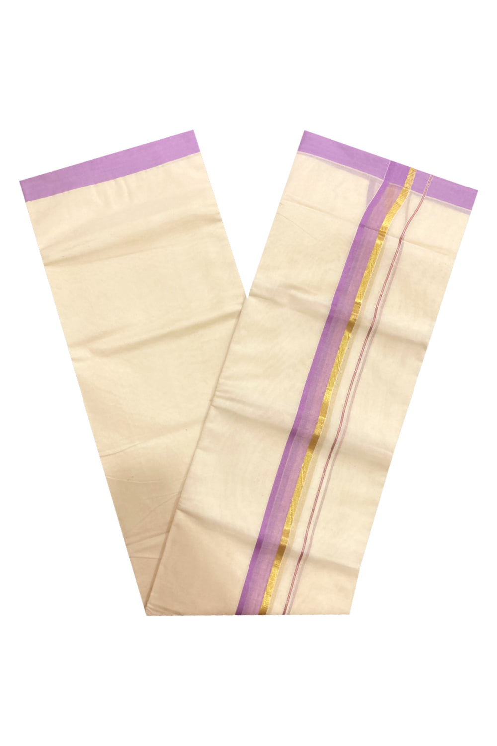 Pure Cotton Off White Double Mundu with Violet and Kasavu Border (South Indian Dhoti)