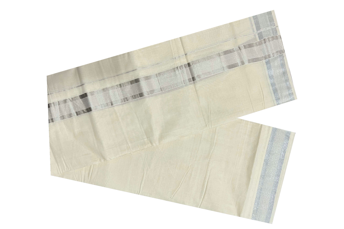 Off White Pure Cotton Double Mundu with Silver Kasavu Lines Border (South Indian Dhoti)