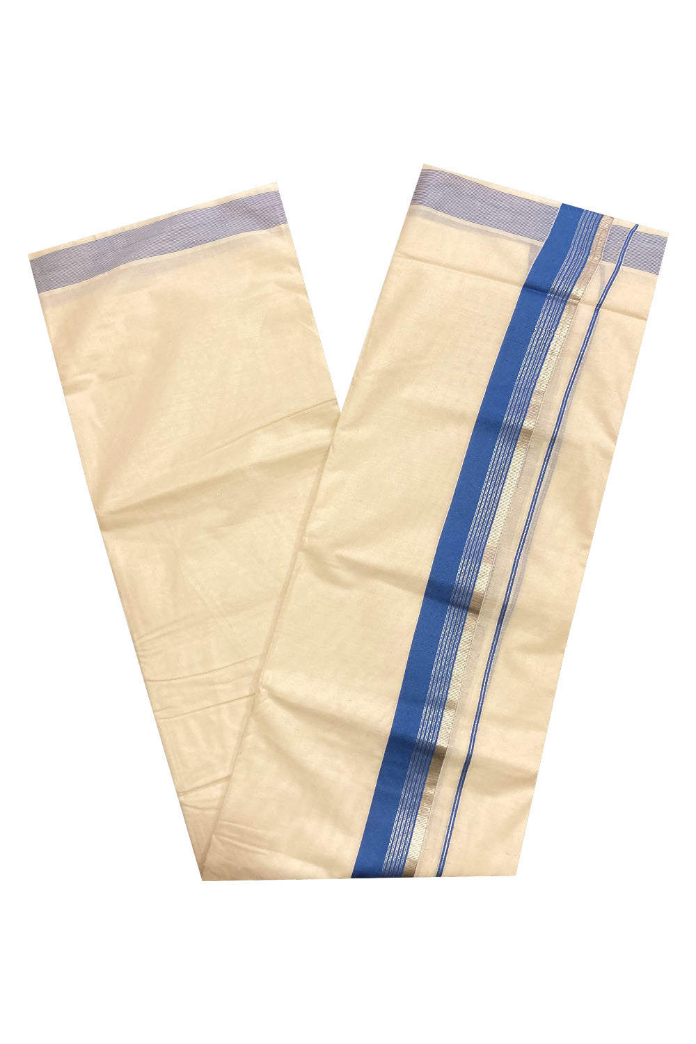 Off White Pure Cotton Double Mundu with Silver Kasavu and Blue Border (South Indian Dhoti)