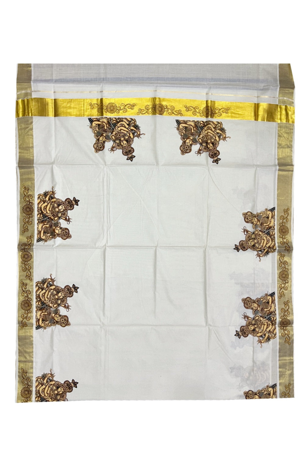 Pure Cotton Kerala Kasavu Saree with Mural Printed Brown Krishna Radha Design