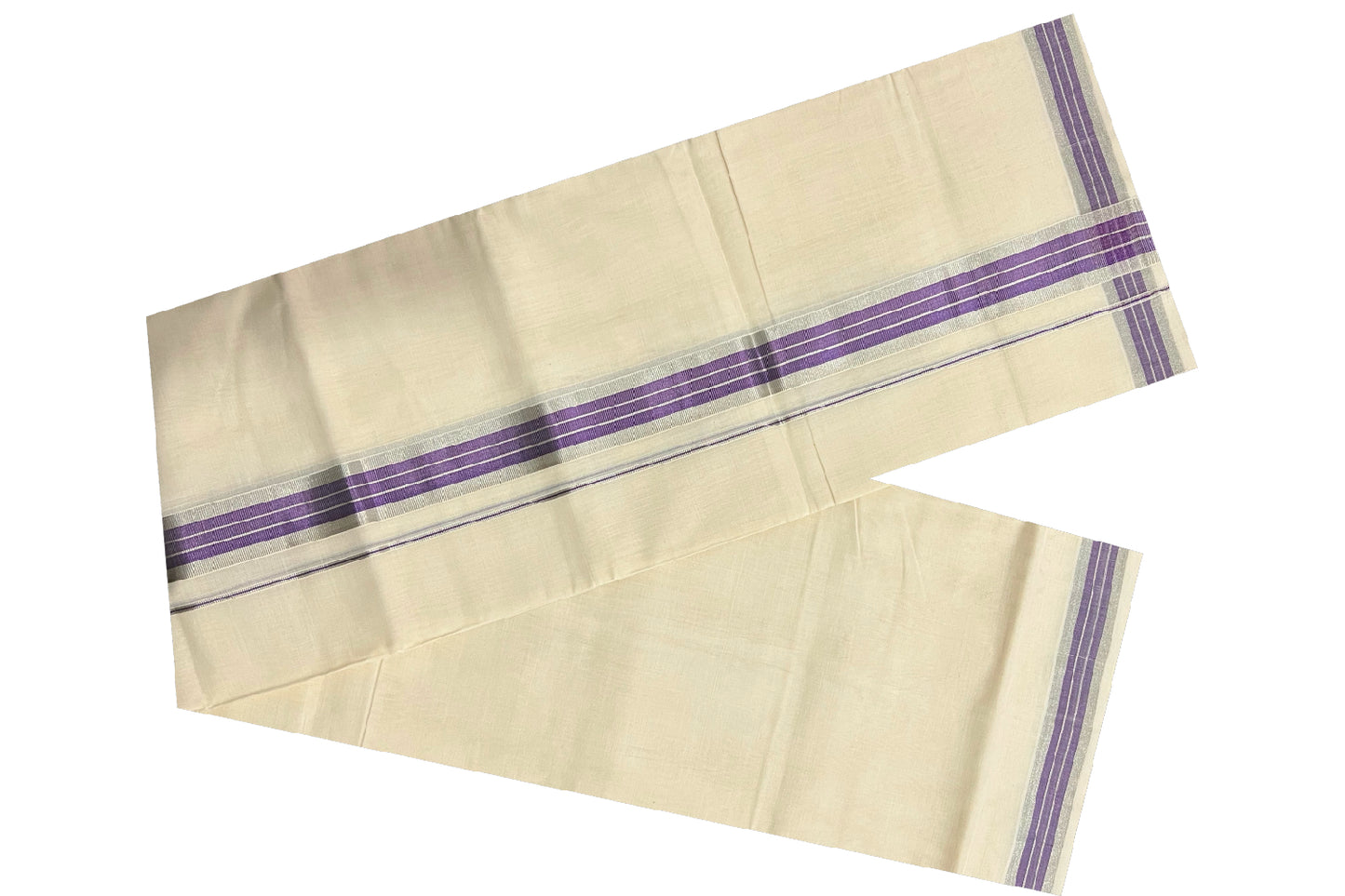 Southloom Balaramapuram Handloom Pure Cotton Mundu with Silver and Violet Kasavu Border (South Indian Dhoti)