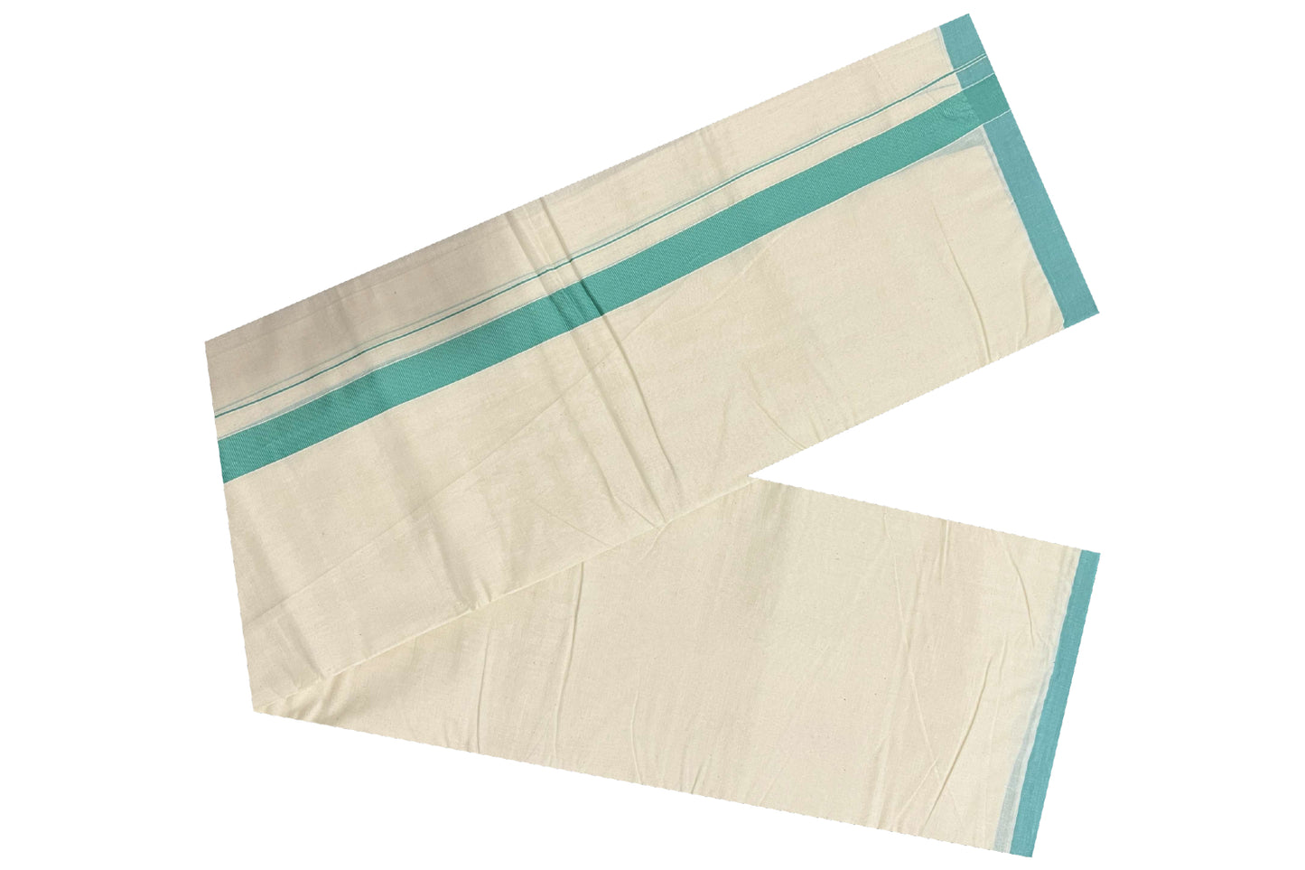 Off White Pure Cotton Double Mundu with Turquoise Kara (South Indian Dhoti)