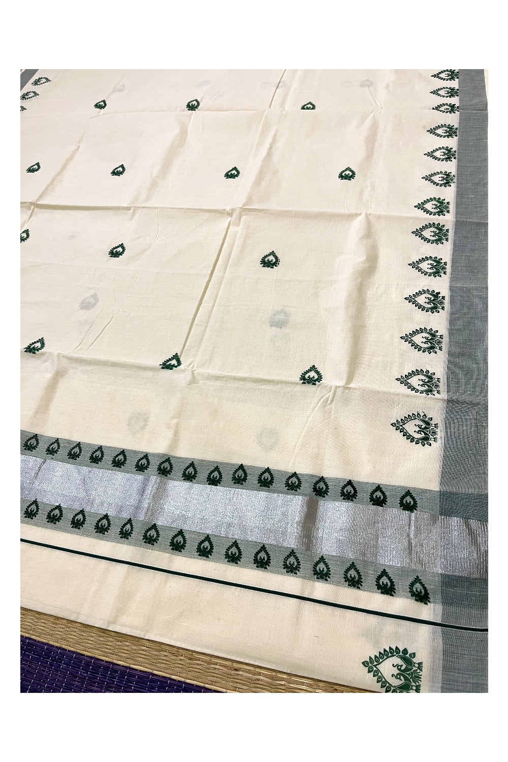 Pure Cotton Kerala Saree with Green Peacock Block Prints on Silver Kasavu Border (Vishu Saree 2023)