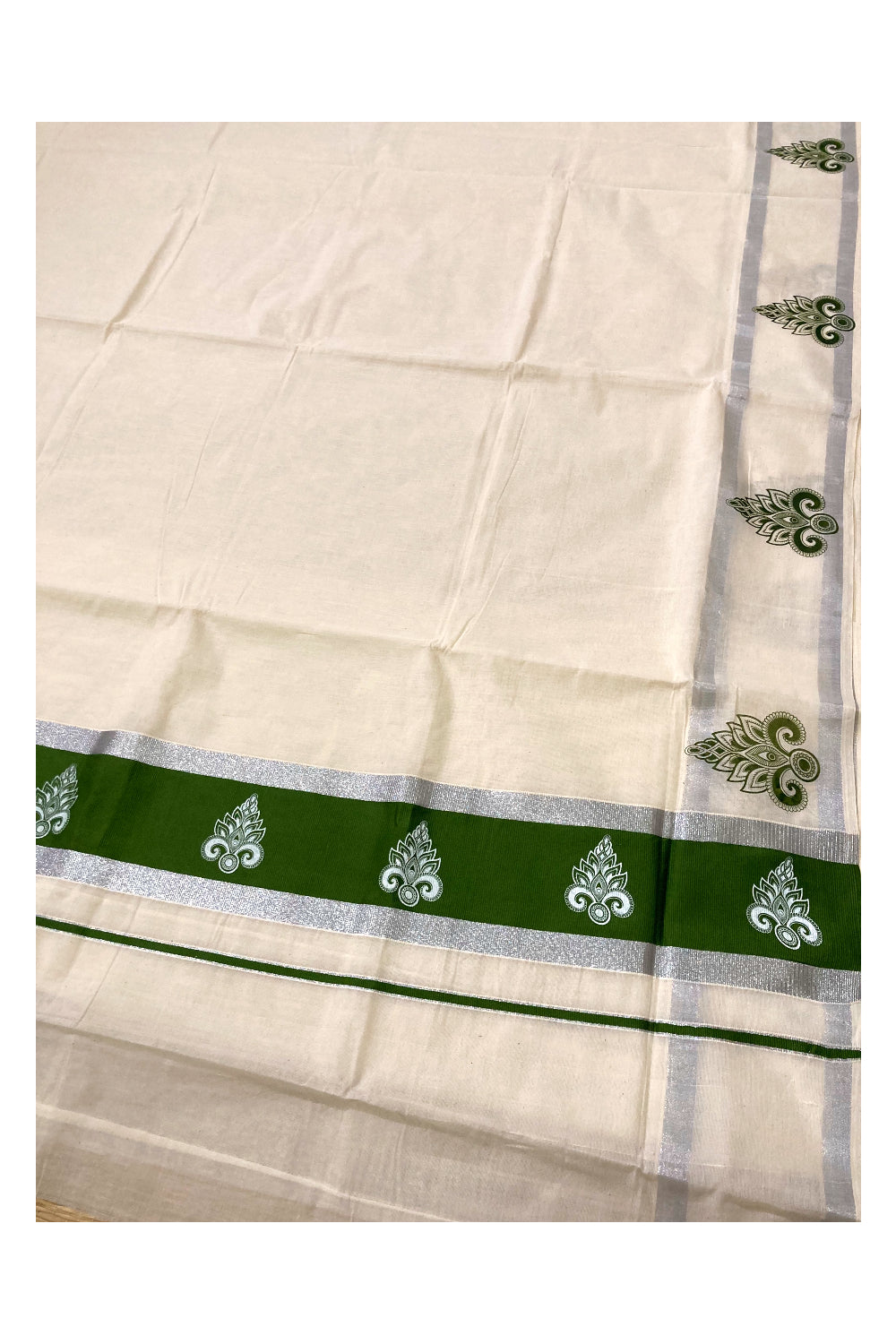 Pure Cotton Kerala Silver Kasavu Saree with White Block Prints in Light Green Pallu