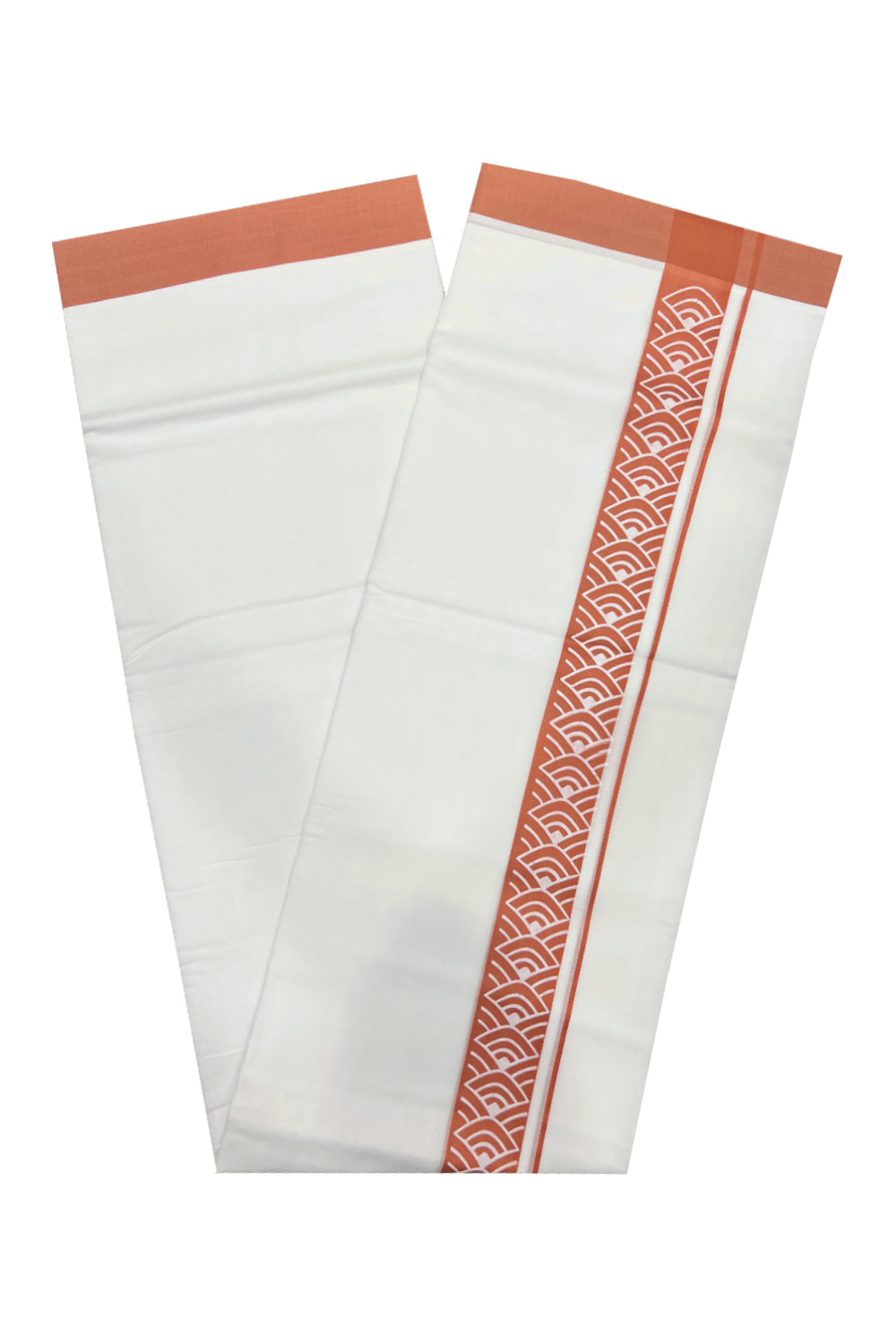 Pure White Cotton Double Mundu with Orange Block Printed Border (South Indian Kerala Dhoti)