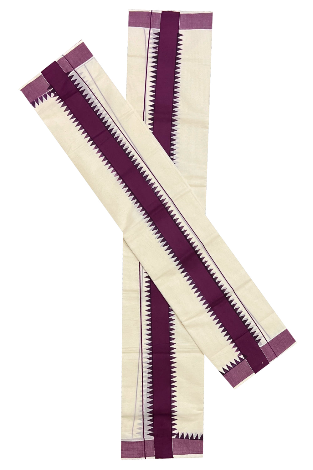 Pure Cotton Set Mundu (Mundum Neriyathum) with Purple Temple Block Prints Border