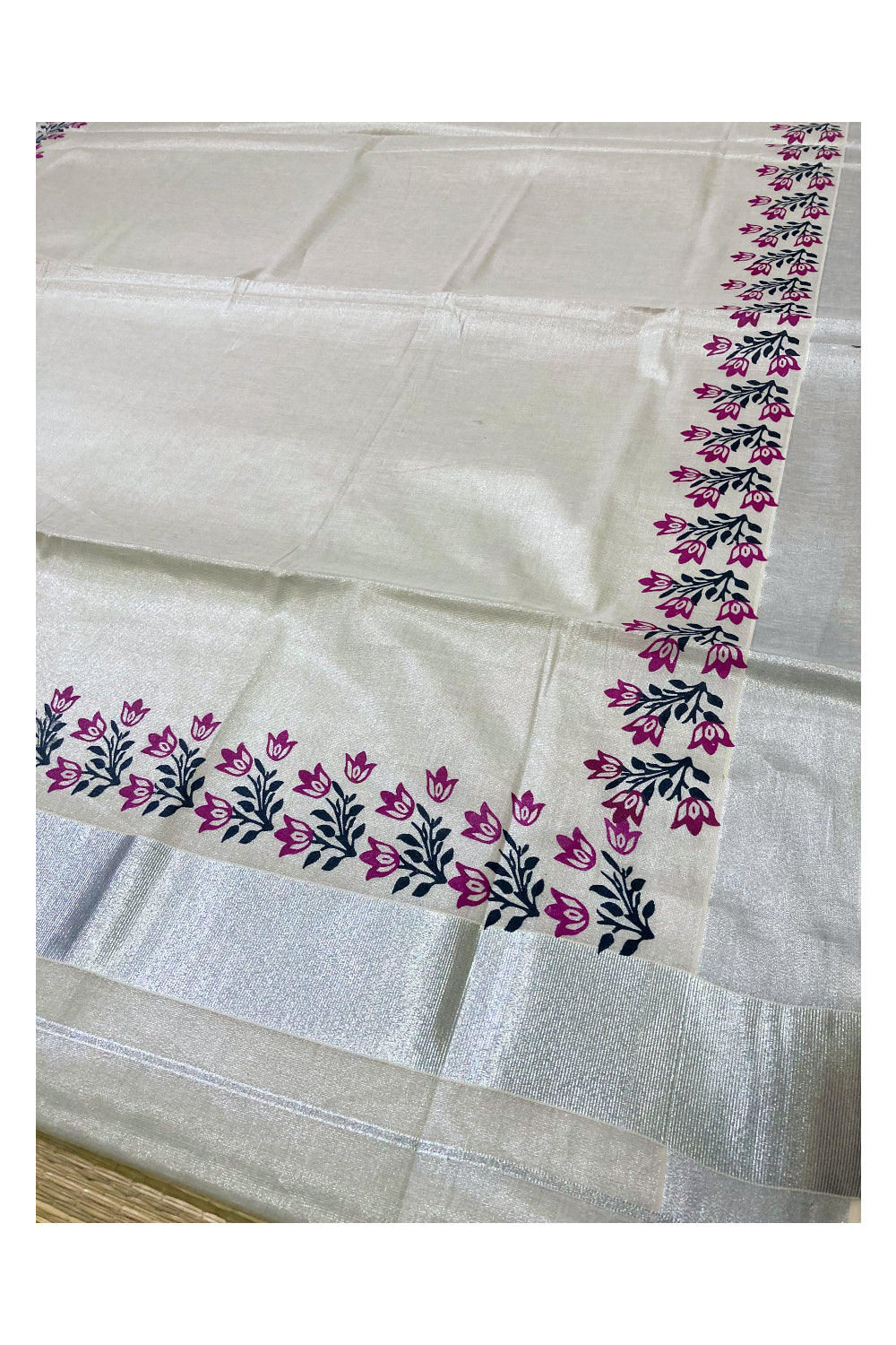 Kerala Silver Tissue Kasavu Saree with Magenta and Black Block Prints