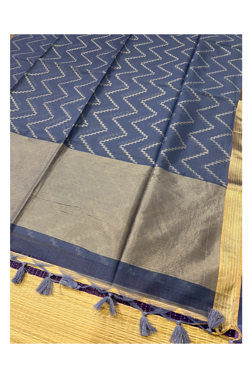 Southloom Grey Semi Tussar Designer Saree With Kasavu Zig Zag Works on Body