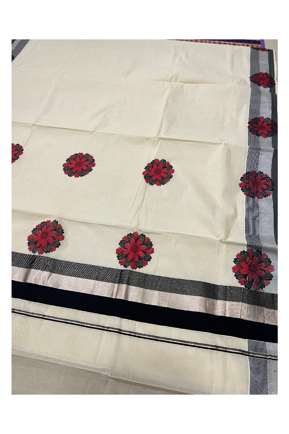 Kerala Cotton Silver Kasavu and Black Border Saree with Red Black Floral Mural Printed Design