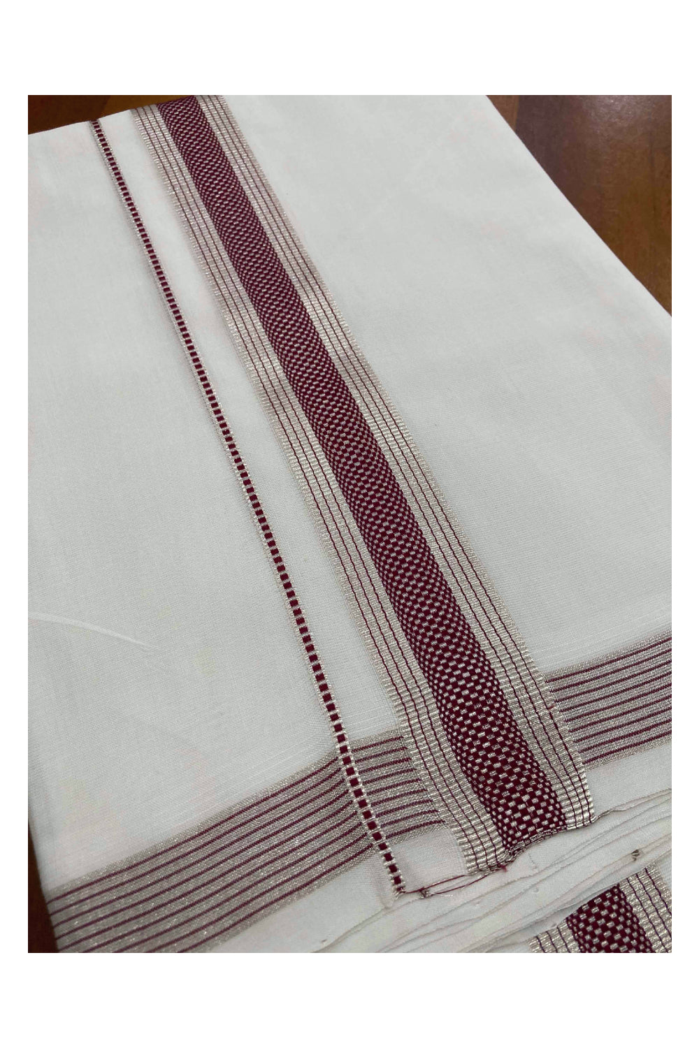 Southloom Premium Handloom Double Mundu with Silver Kasavu and Maroon Kara