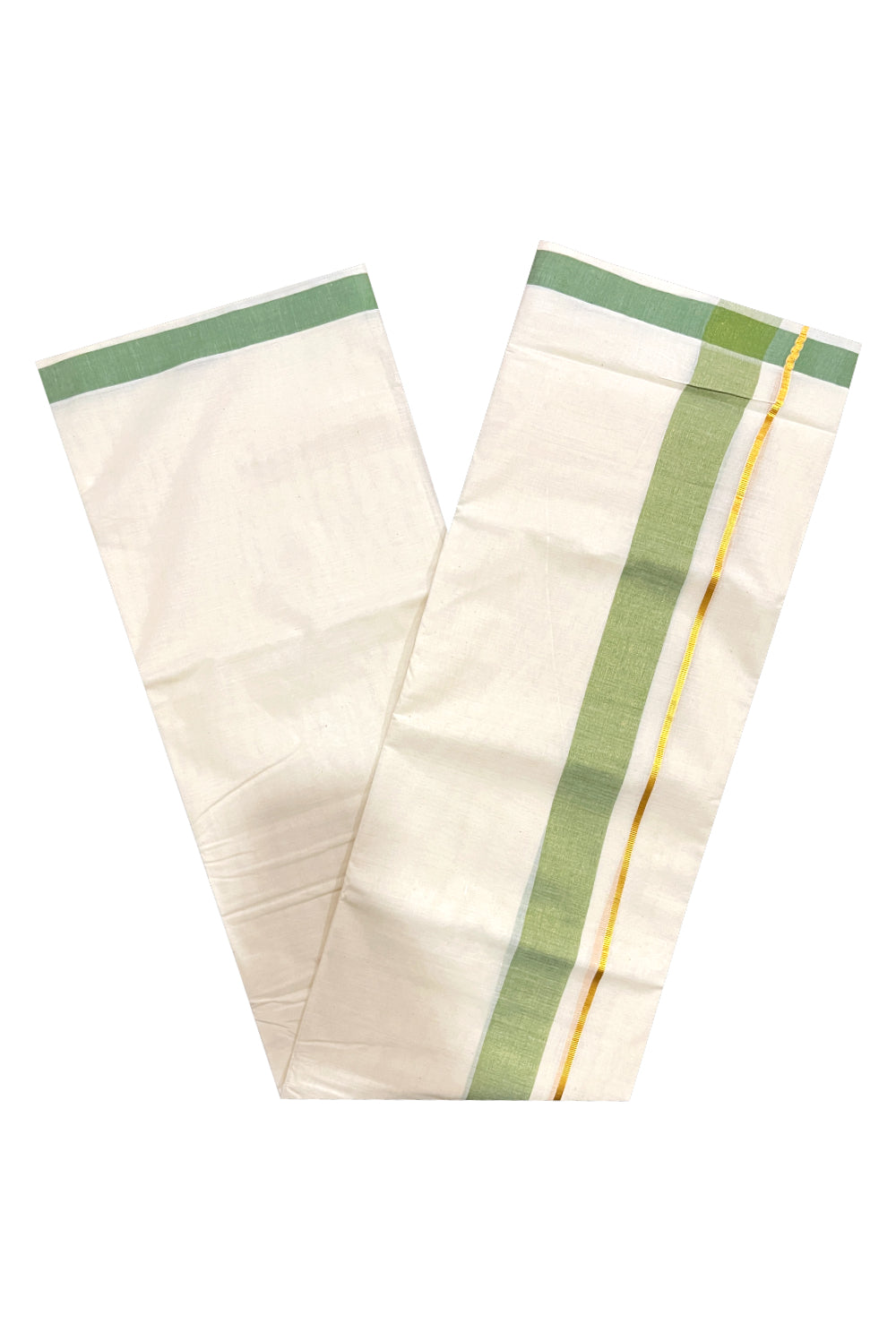 Pure Cotton Double Mundu with Kasavu Green Kara (South Indian Dhoti)