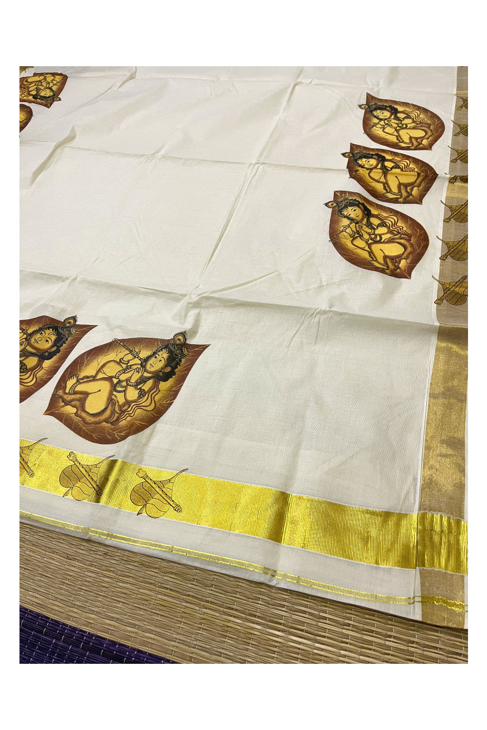 Kerala Pure Cotton Saree with Krishna on Leaf Mural Prints and Printed Kasavu Border