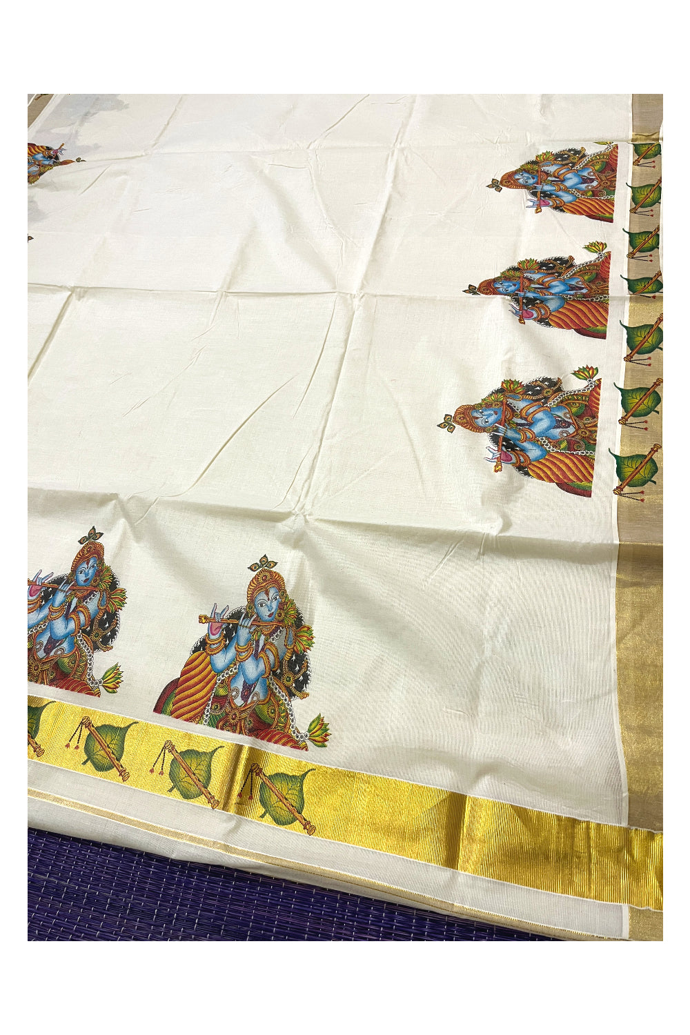 Kerala Pure Cotton Saree with Lord Krishna Mural Prints and Printed Kasavu Border