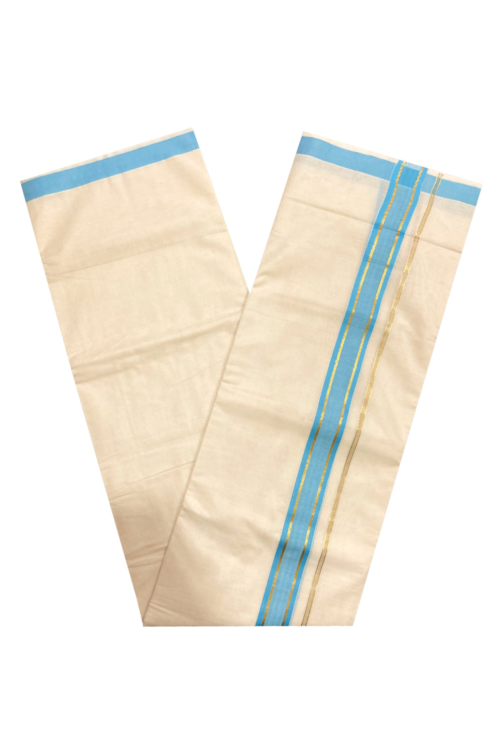 Off White Pure Cotton Double Mundu with Kasavu and Blue Border (South Indian Dhoti)