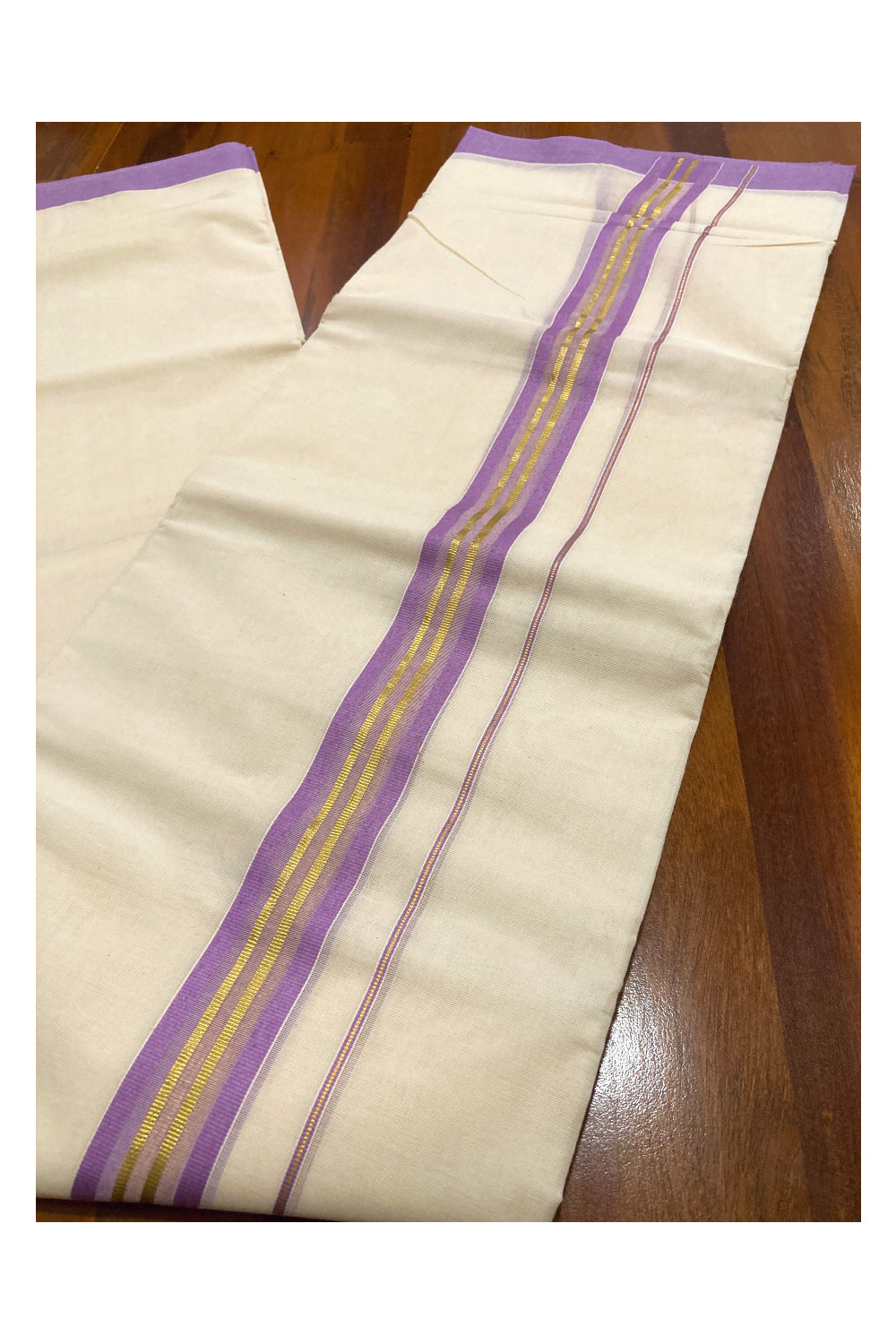 Pure Cotton Off White Double Mundu with Violet and Kasavu Border (South Indian Dhoti)