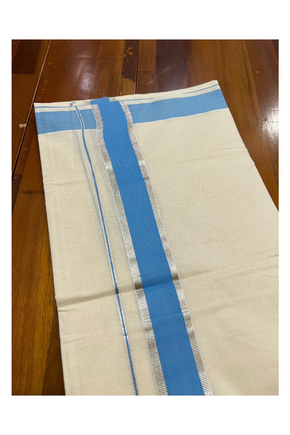 Off White Kerala Double Mundu with Silver Kasavu and Light Blue Border (South Indian Dhoti)