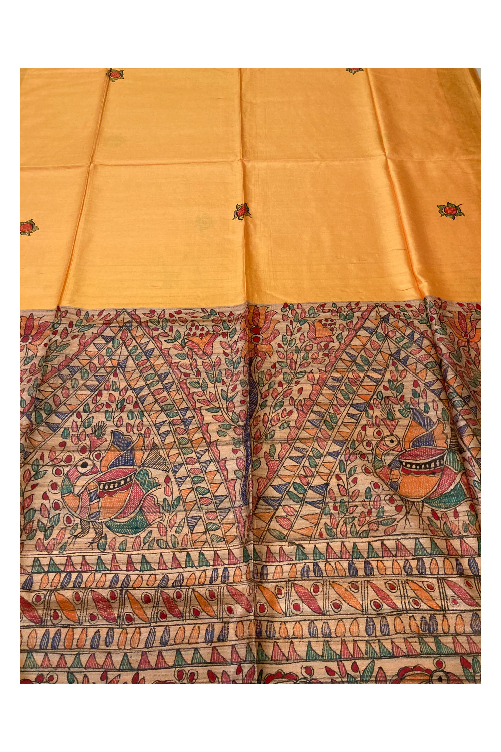 Southloom Soft Silk Orange Saree with Multi-Coloured Art Works on Pallu