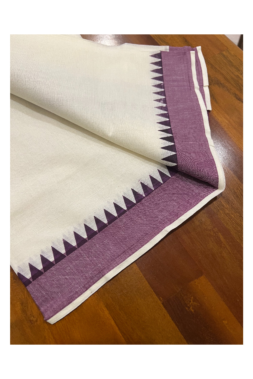 Pure Cotton Set Mundu (Mundum Neriyathum) with Purple Temple Block Prints Border