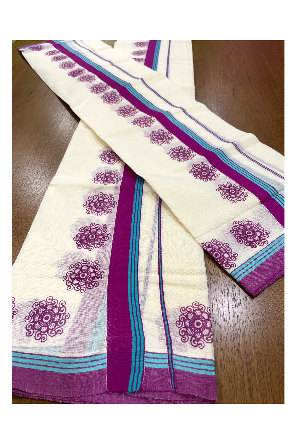 Kerala Cotton Single Set Mundu (Mundum Neriyathum) with Magenta Floral Block Prints on Border