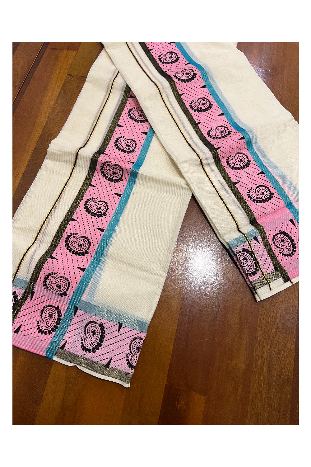 Kerala Cotton Kasavu Set Mundu (Mundum Neriyathum) with Black Paisley Block Prints in Pink Border