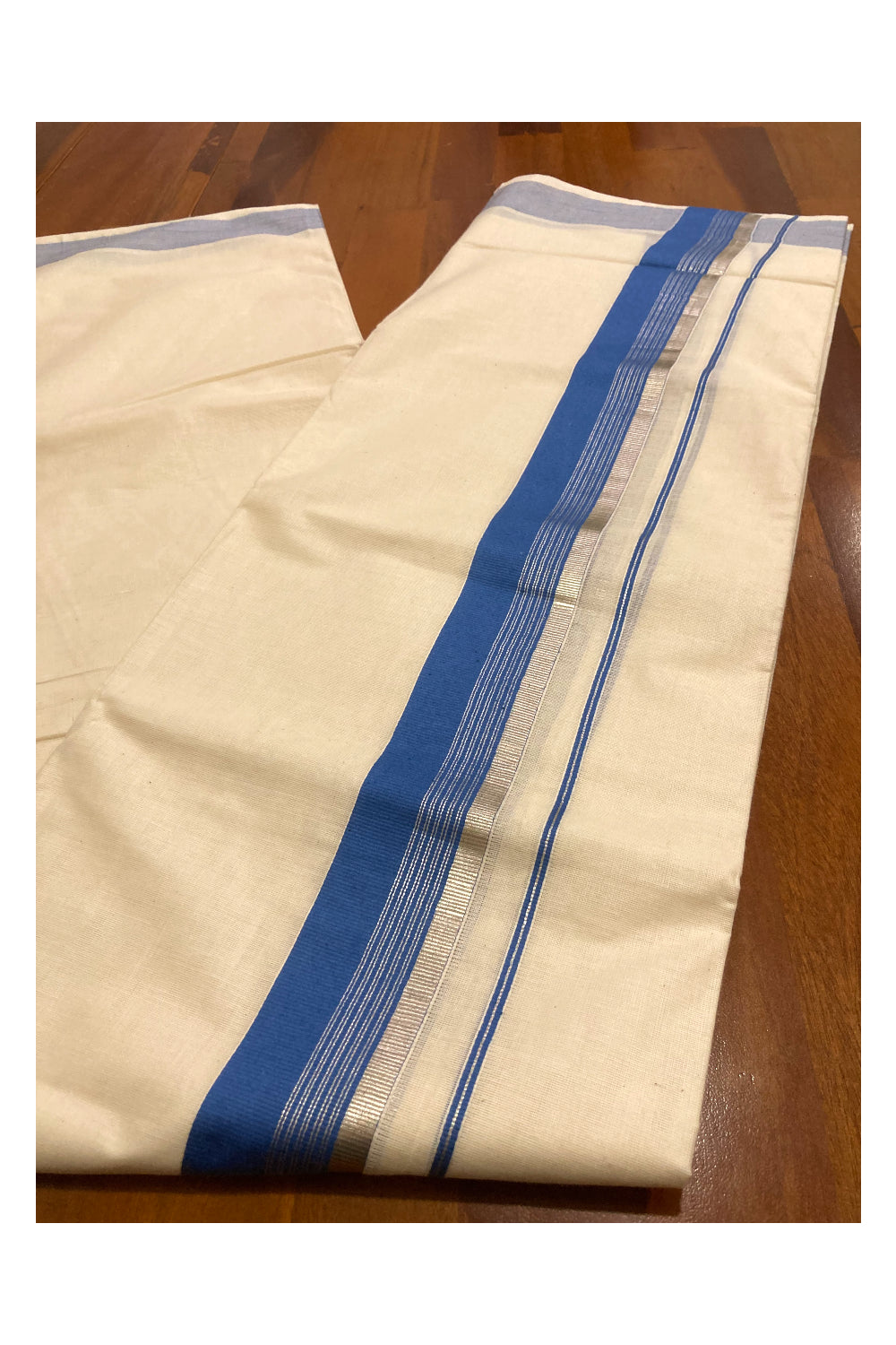 Off White Pure Cotton Double Mundu with Silver Kasavu and Blue Border (South Indian Dhoti)